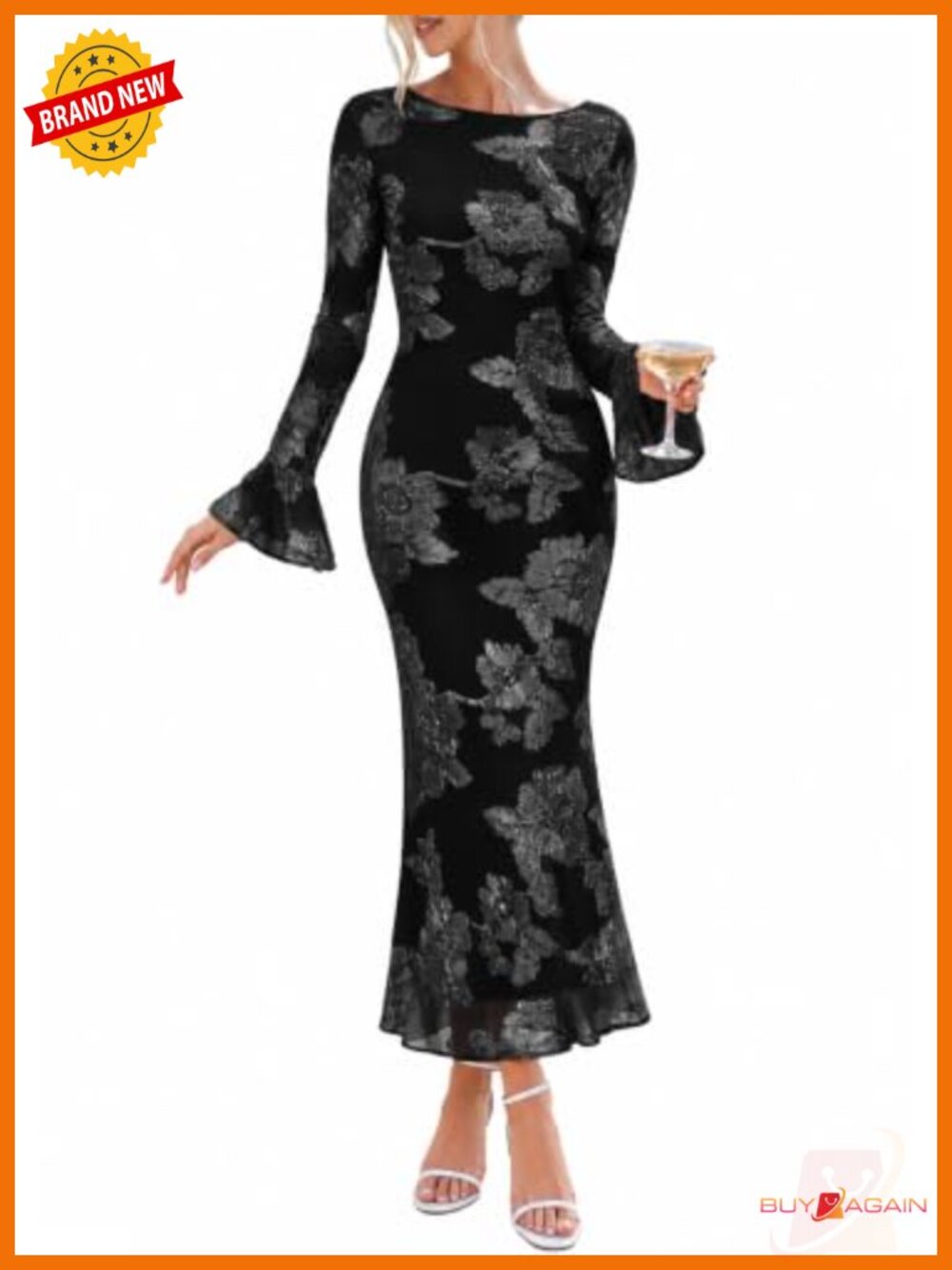 Women Floral Embroidered Mesh Bodycon Maxi Dress Bell Sleeve Mermaid